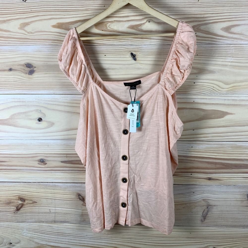 Sanctuary Top Women 3X Cap Sleeve Knit Button Down Peach Ruched‎ Coquette Pastel